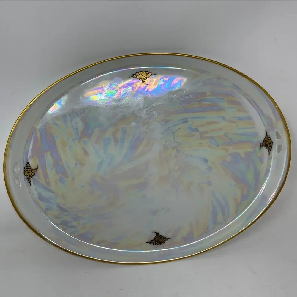 RS Tillowitz Silesia Dresser Set Opalescent Footed Hair Receiver Powder Jar Tray